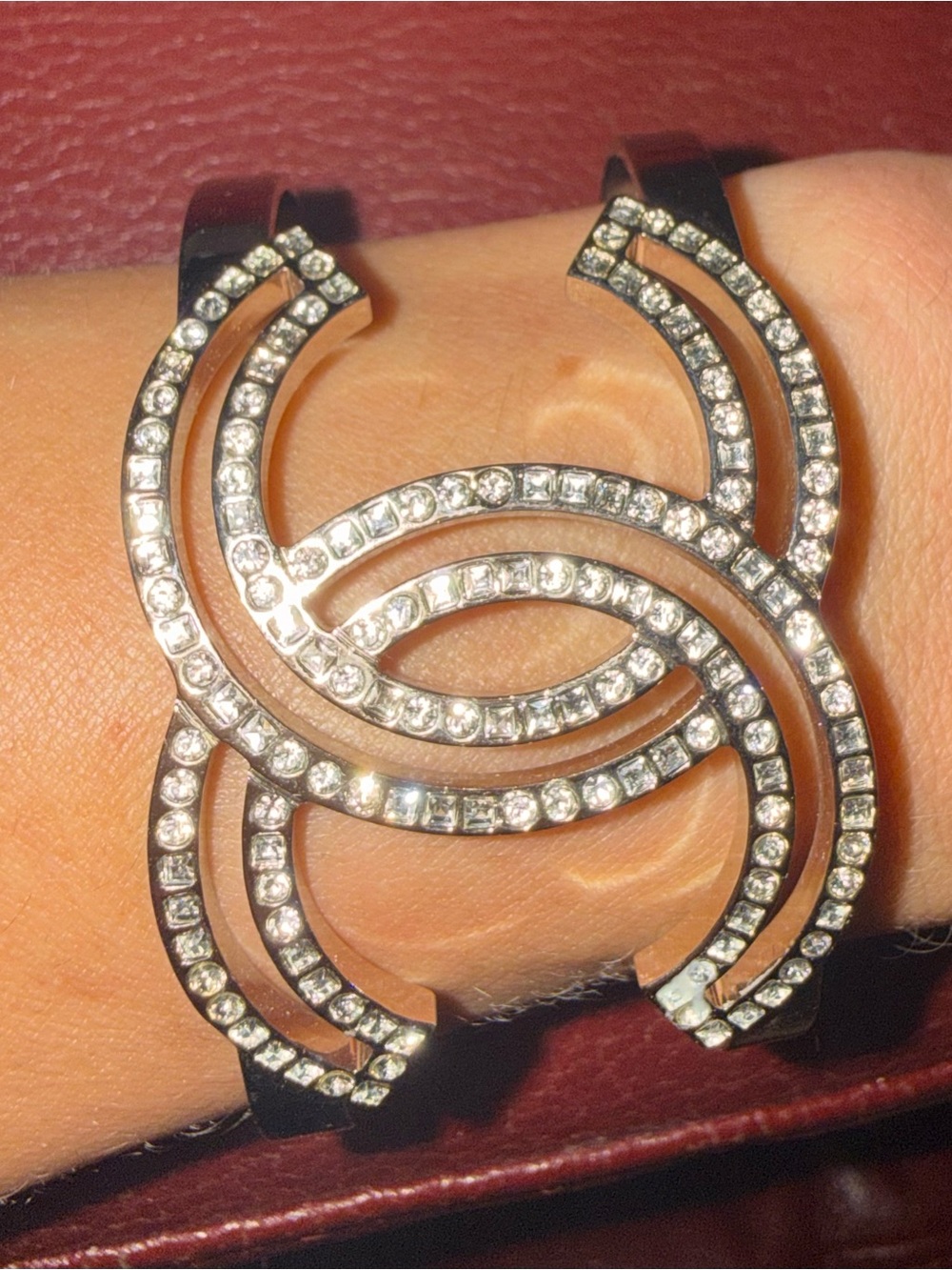 CHANEL Black and Clear Crystal Interlocking Cuff Bracelet